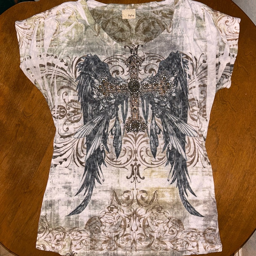 Daytrip Graphic Tee with Embellished Wings and Bedazzled Cross